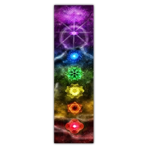 Zen meditation wall hanging featuring seven chakra symbols on a long canvas scroll