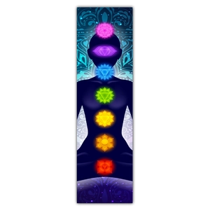 Detailed view of meditation scroll showing seven chakras on a mandala background