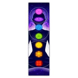 Vertical meditation wall tapestry featuring seven chakra symbols and mandala on cosmos