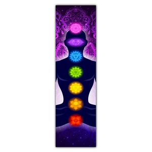 Macro detail of Zen series scroll with Seven Chakra symbols and purple mandala patterns