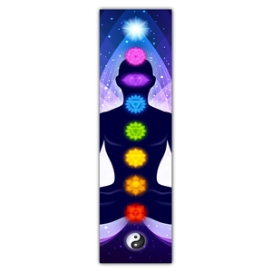 Detailed view of meditation tapestry featuring seven colorful chakra symbols and yinyang