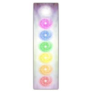 Vertical wall scroll featuring seven colorful chakra spiral star patterns on grey
