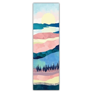 Vue détaillée de la tenture murale abstraite avec lever de soleil et monts pastels