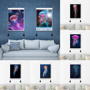 Jellyfish Wall Tapestry Hanging Painting With Wooden Pole And Tassels For Living Room Bedroom Artistic Home Decor