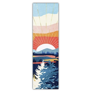 Tapisserie murale avec coucher de soleil abstrait, montagnes et forêt de pins imprimés