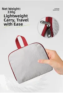 Detail view of lightweight gray foldable backpack with red zipper, net weight 330g