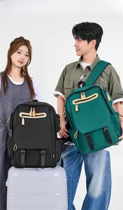Male and female models wearing multi-pocket waterproof backpacks in black and dark green