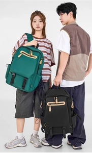 Close-up of durable fabric textures and functional zipper compartments on backpacks