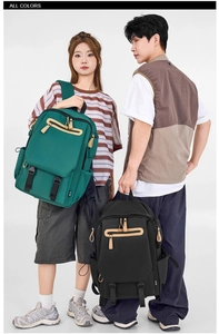 Green and black large capacity rucksacks shown by models for school and travel