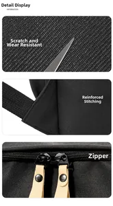Close-up of scratch-resistant fabric, reinforced stitching and metal zippers on backpack