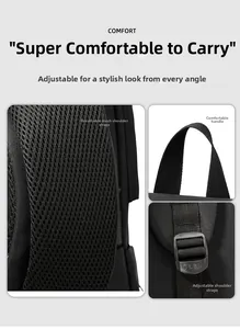 Detail view of breathable mesh shoulder straps and adjustable buckle on the black backpack