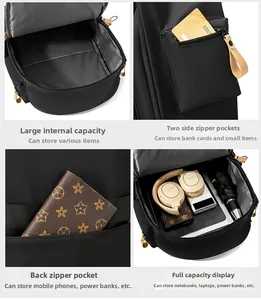 Detail view of large capacity main compartment and anti-theft back pocket on black backpack