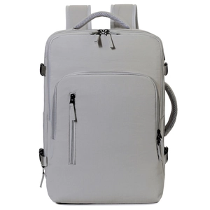 Front view of light gray water-resistant business laptop backpack with multiple pockets