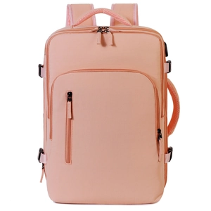 Waterproof travel backpack in light pink with dual handles and USB charging port
