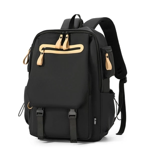 Minimalist black multi-pocket nylon backpack with beige leather zip details for commuters