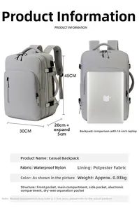 Macro detail of expandable grey waterproof laptop backpack with 5cm expansion feature
