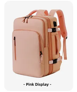 Close-up of pink waterproof backpack side features with USB charging port and buckles