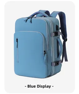 Blue business laptop backpack side view showing side handle and waterproof fabric