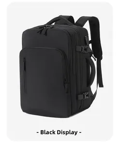 Detail view of black waterproof business backpack with side USB port and expansion straps