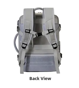 Breathable back view of laptop backpack with padded S-straps and luggage strap