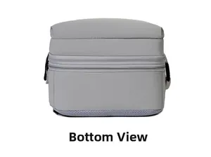 Bottom view of gray waterproof laptop backpack showing breathable mesh and dual zippers