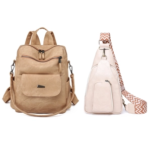 Brown faux leather backpack and off-white chest bag with patterned strap set