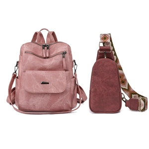 Women Retro PU Leather Backpack And Chest Bag Large Capacity Multi-Pocket Bohemian Strap Fashion Casual Travel