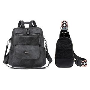 Retro PU leather backpack set with large capacity and geometric pattern wide strap