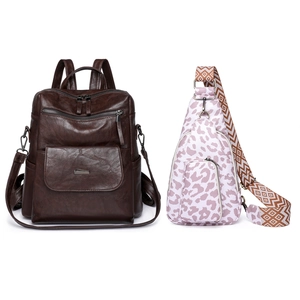 Brown faux leather backpack with pink leopard print chest bag on white background