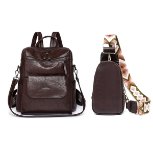 Vintage dark brown PU leather backpack set with matching chest bag and woven strap