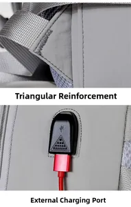 Detail showing triangle-reinforced straps and external USB charging port on the gray backpack