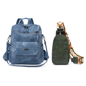 Detail view of light blue retro PU backpack and green chest bag with ethnic embroidery strap