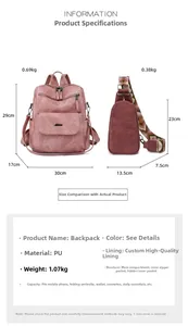 Detailed size chart of vintage rose pink PU leather backpack and chest bag set