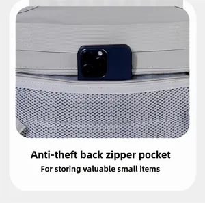 Detail of the back anti-theft zipper pocket on a gray backpack with a smartphone inside