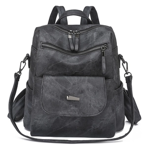Detail of vintage grey PU leather backpack showing functional dual zippers and adjustable straps