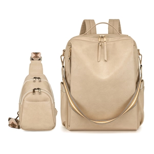 Women Backpack And Chest Bag PU Leather Waterproof Large Capacity Laptop Compartment Retro Travel Business Fashionable