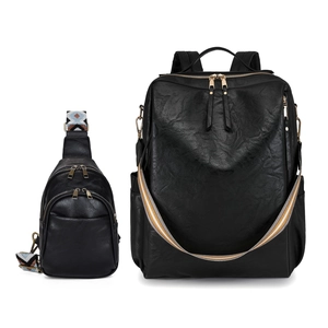 Women's business laptop backpack set in black PU leather with colorful woven straps