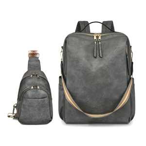 Grey textured PU leather business backpack and crossbody bag set with gold hardware