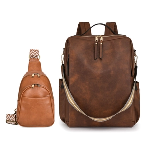Brown PU leather backpack and crossbody bag set with decorative striped shoulder straps
