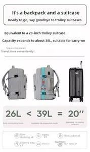 Detail of expandable laptop backpack showing 5cm extension from 26L to 39L capacity