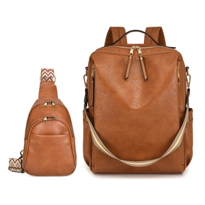 Brown PU leather backpack and matching mini crossbody bag set with patterned straps
