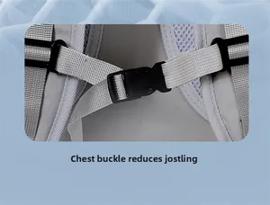 Macro detail of adjustable chest strap buckle on gray backpack with breathable mesh padding