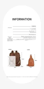 Brown PU leather backpack and chest bag set with detailed size dimensions and specifications
