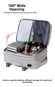 Business backpack 180-degree opening design showing multi-layer internal storage compartments