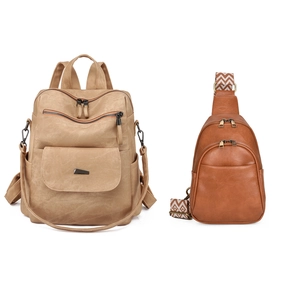 Detail view of khaki PU leather backpack and brown chest bag with embroidered strap