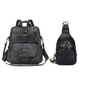 Vintage black PU leather backpack and matching chest bag set with patterned strap