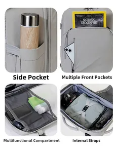 Detail view of water bottle side pocket, front storage and inner clothing straps