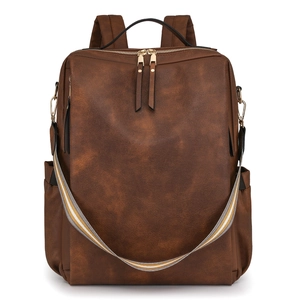 Brown faux leather backpack detail featuring gold dual zippers and striped woven shoulder strap