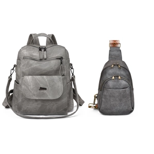 Gray vintage PU leather multi-pocket backpack set with matching crossbody bag and woven strap