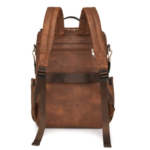 Brauner Vintage-PU-Lederrucksack Rückansicht mit Gepäckgurt und Diebstahlschutz-Reißverschluss